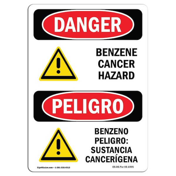 Safety Sign, OSHA Danger, 5" Height, Benzene Cancer Hazard, Spanish, 10PK